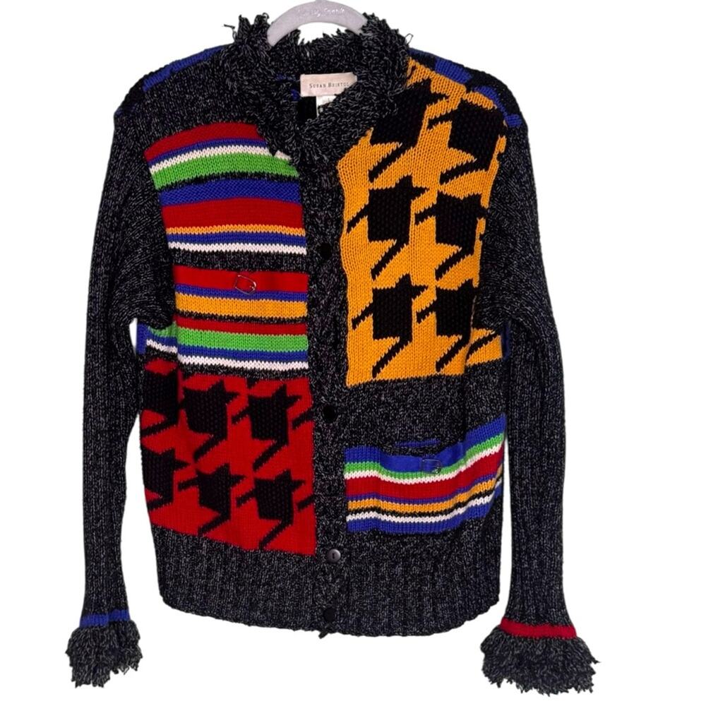 Susan Bristol Vintage Art To Wear Cardigan Sweater Fringe Large